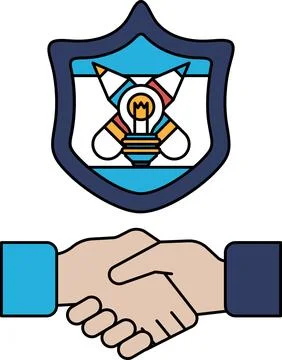 A handshake between two people is shown with a shield behind them Stock Illustration