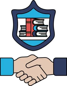 A handshake between two people is shown with a shield behind them Stock Illustration