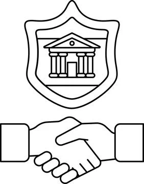A handshake between two people is shown with a shield behind them Stock Illustration