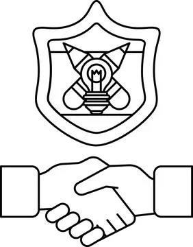 A handshake between two people is shown with a shield behind them Stock Illustration