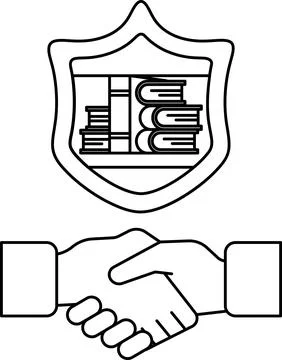A handshake between two people is shown with a shield behind them Stock Illustration
