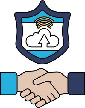 A handshake between two people is shown with a shield behind them Stock Illustration