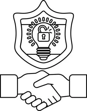 A handshake between two people is shown with a light bulb and a lock on a s.. Stock Illustration