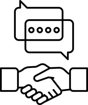 A handshake between two people with a speech bubble above them that says "h.. Stock Illustration