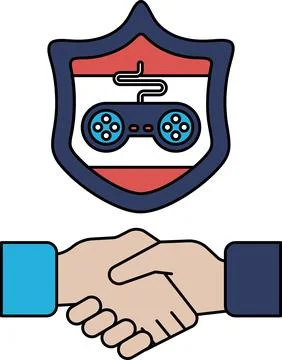 A handshake between two people with a video game controller in the middle Stock Illustration