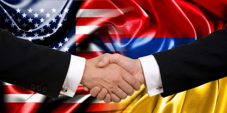 Handshake between the United States and Armenia, international friendship, ba Stock Photos