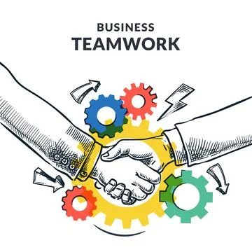 Handshake on cogwheels background. Vector sketch business illustration. Tea.. Stock Illustration