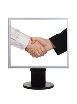 Handshake on computer screen Handshake on computer screen isolated on whit... Stock Photos