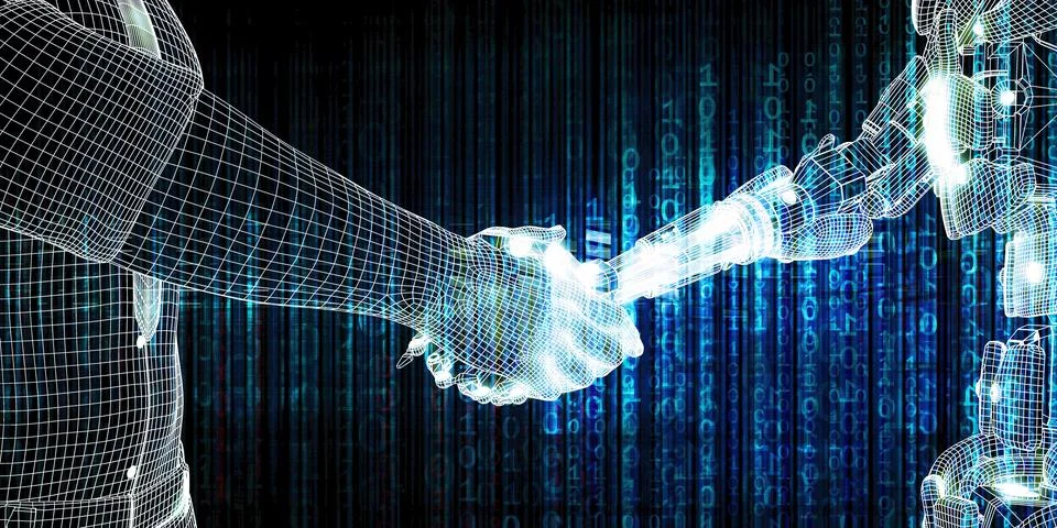 Handshake Concept Between Human Robot Illustrazione stock