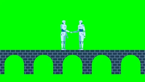 Handshake connecting. Two robots shake hands on the background of a bridge Stock Footage 315960758