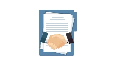 Handshake deal flat animation with dynamic motion document paperwork. Video stock 344625234