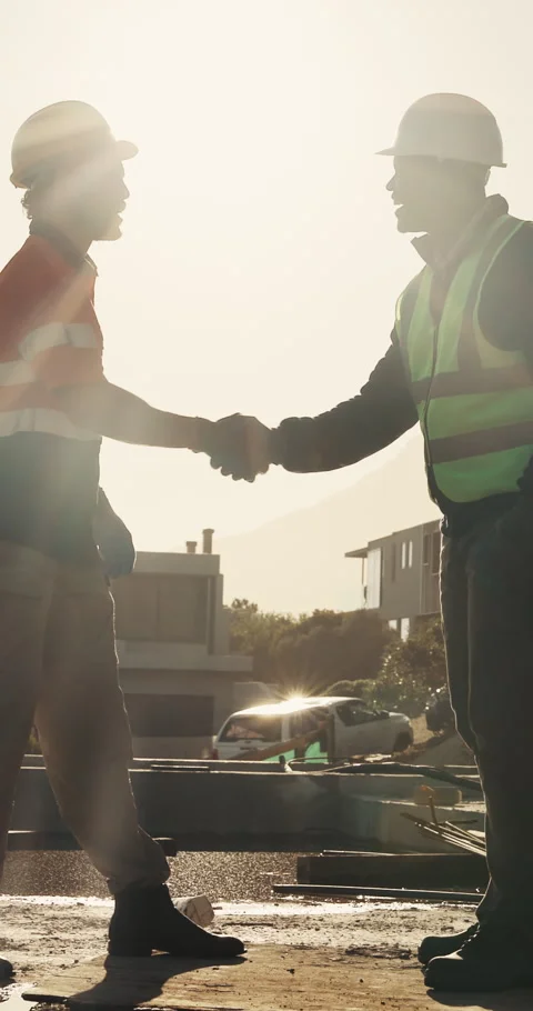Handshake, deal or construction workers on site for city planning, agreement or Stock Footage 336780113