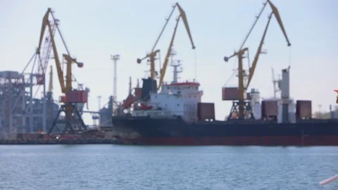 Handshake of engineers in helmets on the background of the seaport with cranes 스톡 동영상 122294388