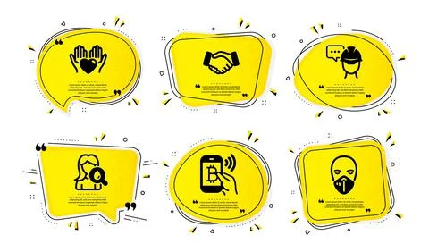 Handshake, Foreman and Bitcoin pay icons set. Hold heart, Moisturizing cream and Stock Illustration