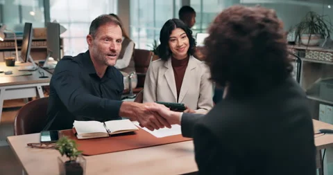 Handshake, interview and recruitment with people in office, onboarding and HR Stock Footage 341567646