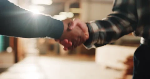 Handshake, men and carpenters in workshop with offer, agreement or partnership Stock Footage 341305127