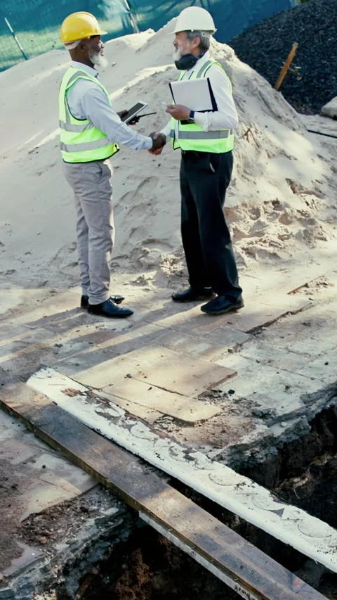 Handshake, men and construction workers on site with deal for building, repair Stock Footage 340450402