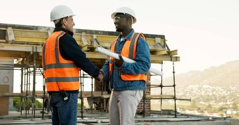 Handshake, men and construction workers on site for deal on building Stock Photos