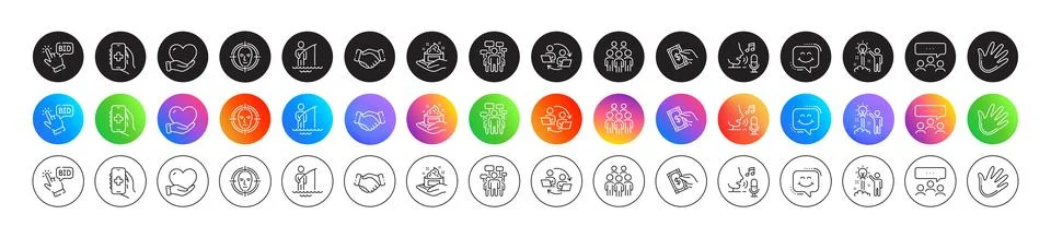 Handshake, Microphone and Teamwork process line icons. For web app, printing Stock Illustration