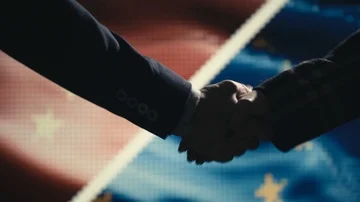 Handshake. Multiple takes. China and EU flag on LED background. Stock Footage 85690721