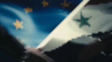 Handshake. Multiple takes. EU and Syria flag on LED background. Video stock 85690682
