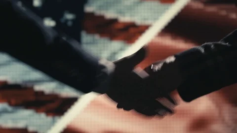 Handshake. Multiple takes. US and China flag on LED background. Video stock 85690694