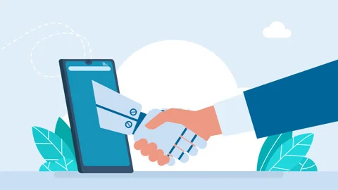 Handshake. Online collaboration between human, AI. Human communicating with bot Stock Footage 306827539