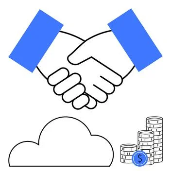 Handshake over cloud symbol and stacked coins. Ideal for business agreements, Stockillustratie