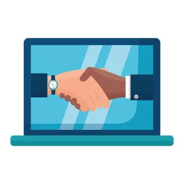 Handshake people laptop computer flat design Stock Illustration