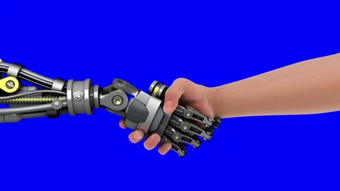 Handshake with robot on blue Stock Footage 91826737