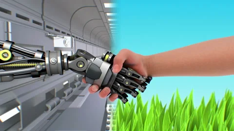 Handshake with robot on double background Stockbeeldmateriaal 91815891