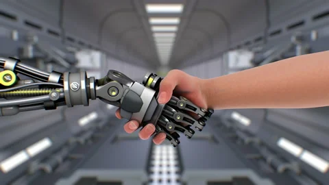 Handshake with robot on industrial background Stock Footage 91815789