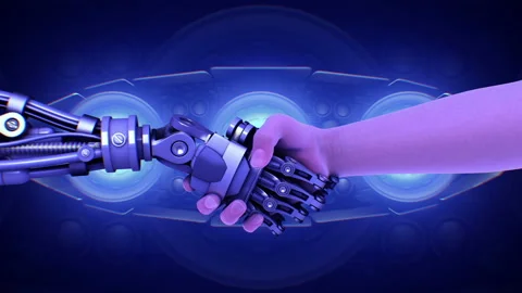 Handshake with robot on sci-fi background Stock Footage 91815682