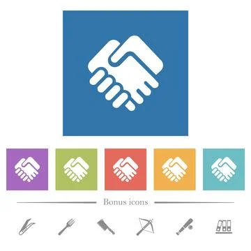 Handshake solid flat white icons in square backgrounds Stock Illustration
