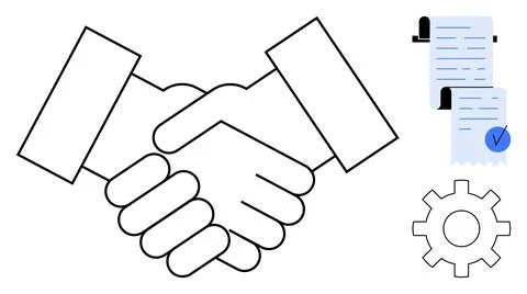 Handshake Symbolizing Agreement with Contract Document and Cogwheel Icon Stock Illustration