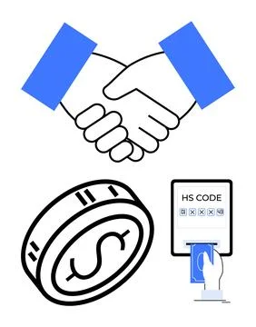 Handshake symbolizing cooperation, large dollar coin representing commerce, a Stock Illustration
