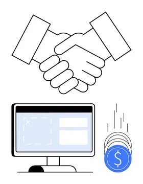 Handshake symbolizing partnership above computer monitor with web, v08 elemen Stockillustratie