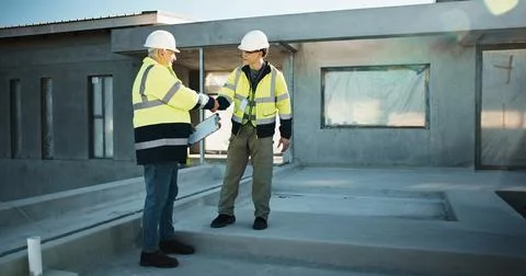 Handshake, team and construction site with people for partnership, clipboard and Stock Photos