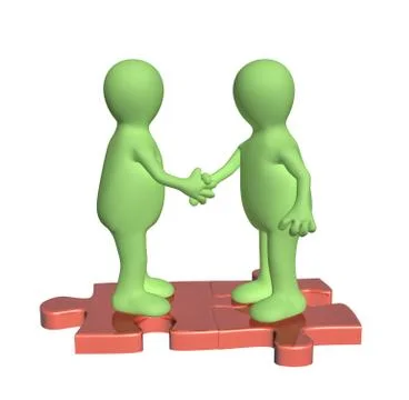 Handshake two 3d mans on attached parts of puzzles Stock Illustration