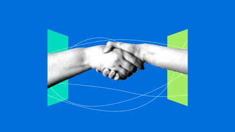 Handshake from two digital worlds. Concluding an online deal, contract Stock Footage 332700880