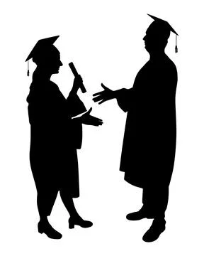 Handshake of two graduating students silhouettes. Vector illustration Stock Illustration