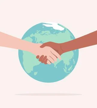 Handshake of two hands on the background of the Earth globe Stock Illustration