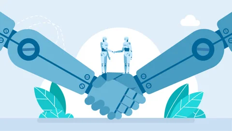 Handshake two robots. Collaboration, partnership, relationship between AI Stock Footage 321674847