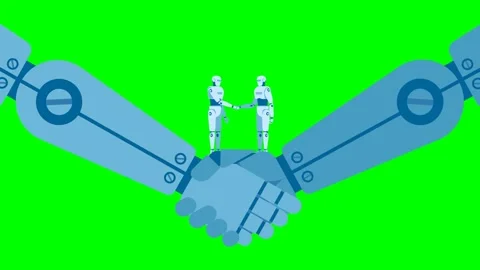 Handshake two robots. Collaboration, partnership, relationship between AI. Stock Footage 322090811