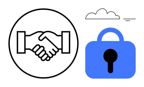 Handshake Within Circle Next to Blue Padlock and Cloud Stockillustratie