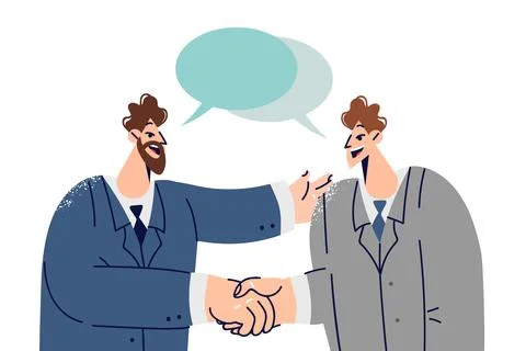 Handshakes of two white collar workers with dialogue clouds entering into Stock Illustration