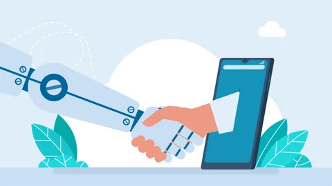 Handshaking. Online collaboration between human, AI. AI robot, man shaking hands Stock Footage 306064716