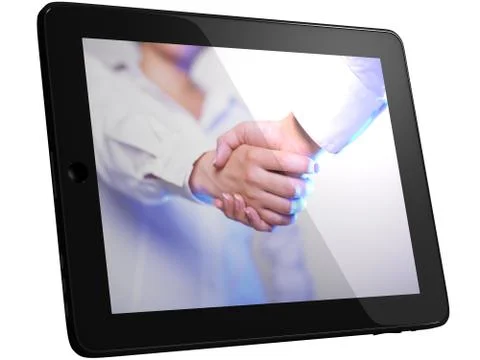 Handshaking on Tablet Stock Photos