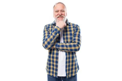 Handsome 60s middle aged gray-haired man with a beard on a white background Stock Photos