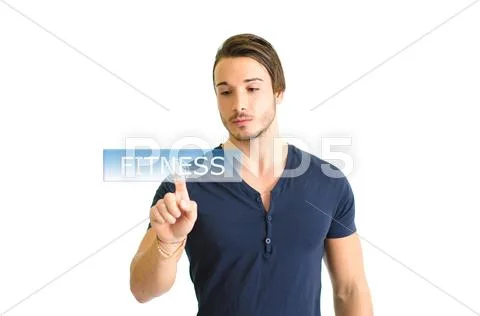 Handsome and fit guy choosing fitness on invisible board Stock Illustration